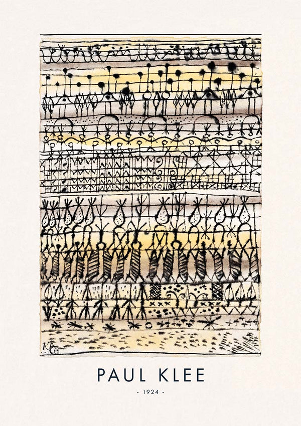 Abstract painting with intricate black lines and muted yellow tones by Paul Klee, titled "Cooling in a hot zone garden."