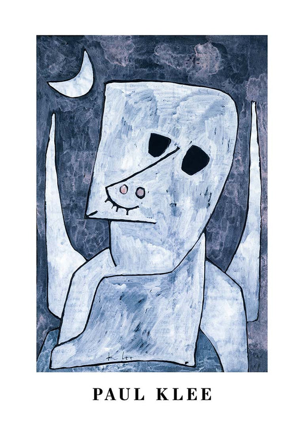 Abstract painting of a blue-toned figure with wings and a crescent moon, titled "Angel Applicant 1939" by Paul Klee.