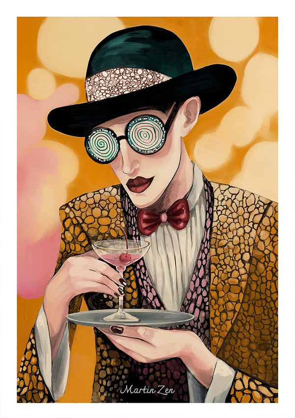 Stylish person in patterned suit and spiral glasses holding a cocktail, whimsical art for Drinking Game - Martin Zen.