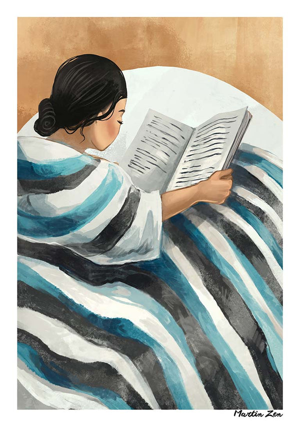 Illustration of a woman reading in bed, wrapped in a striped blanket. Artwork for Moment of Peace by Martin Zen.