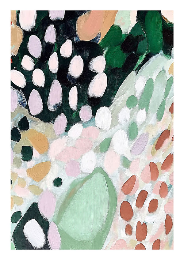 Abstract painting with soft green, pink, cream, and black shapes inspired by a rose garden.