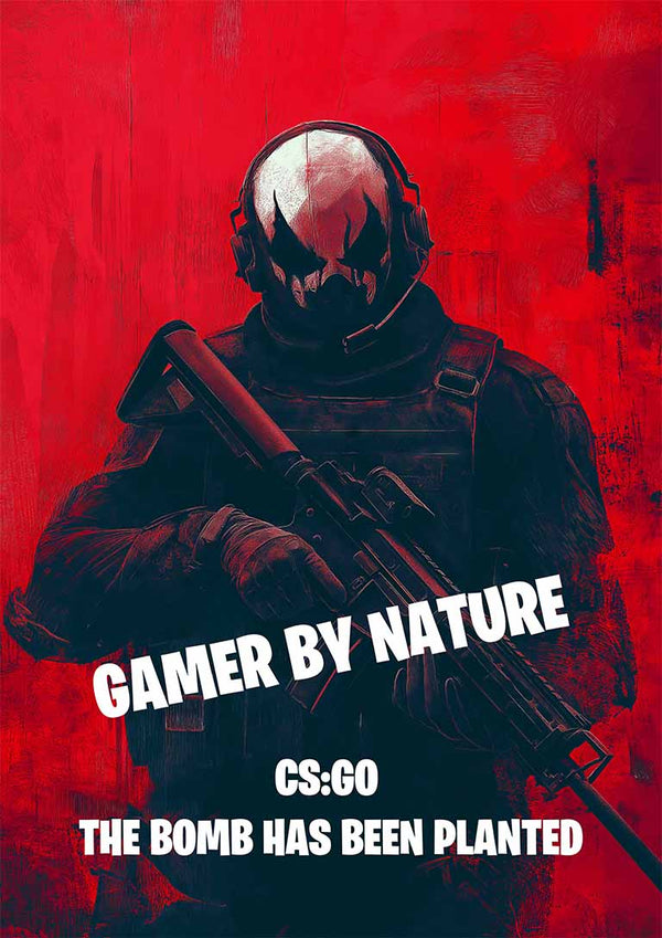 Poster of a masked gamer in tactical gear with "Gamer by Nature" and CS:GO quote on a red background.