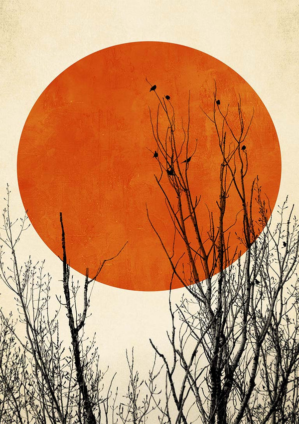 Minimalist art print "Winter Glow" by Boris Draschoff featuring bare branches against a large orange sun.