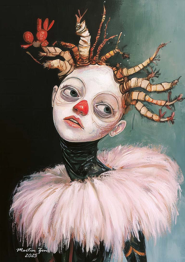 Surreal portrait of a clown with twisted hair and a fluffy collar, from Naughty With Nature by Martin Zen.