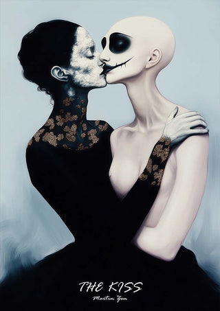 Surreal painting of two figures embracing and kissing, one skeletal, for The Kiss 2025 by Martin Zen.