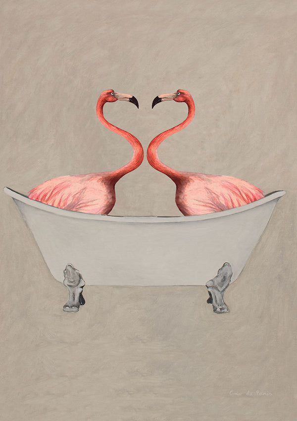 Two pink flamingos facing each other in a white clawfoot bathtub, art print by Coco de Paris.