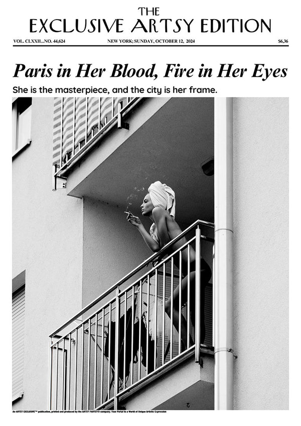 Black and white photo of a woman on a balcony, wrapped in a towel, for Paris In Her Blood Artsy Edition cover.