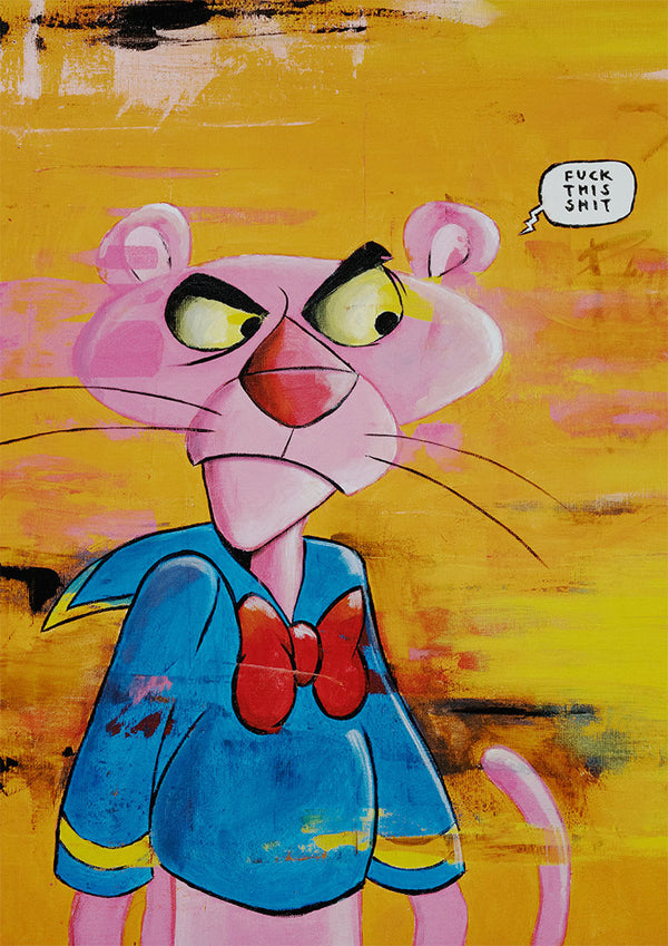Illustration of a pink cartoon panther in a blue suit with red bowtie, frowning, on a yellow background.