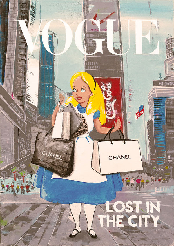Artwork of Alice holding shopping bags in a city, with "VOGUE" and "LOST IN THE CITY" text on the product page for Daniel Leo.
