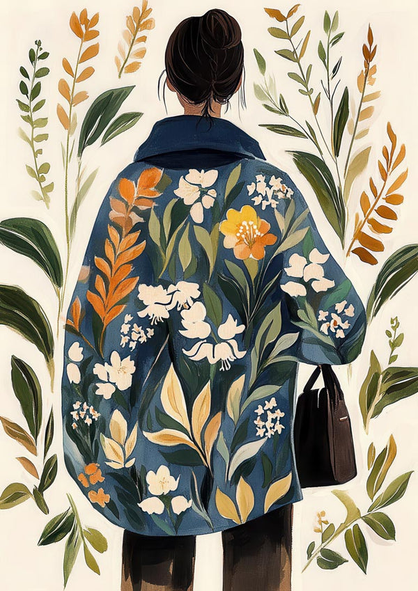 Illustration of a woman in a floral coat, holding a bag, surrounded by leaves; cover art for Look Inside My Soul.