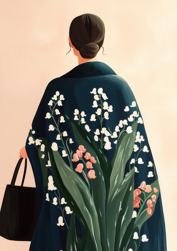 Illustration of a woman with a dark shawl featuring floral patterns, holding a black bag, from Take Me Home - Elara Monet.