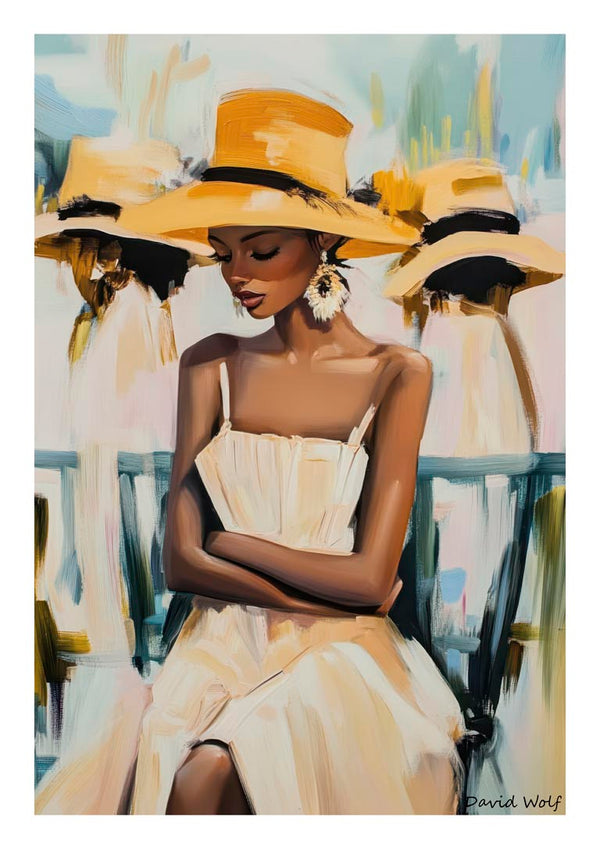 Painting of a woman in a white dress and straw hat, sitting with arms crossed; others in hats are behind her.