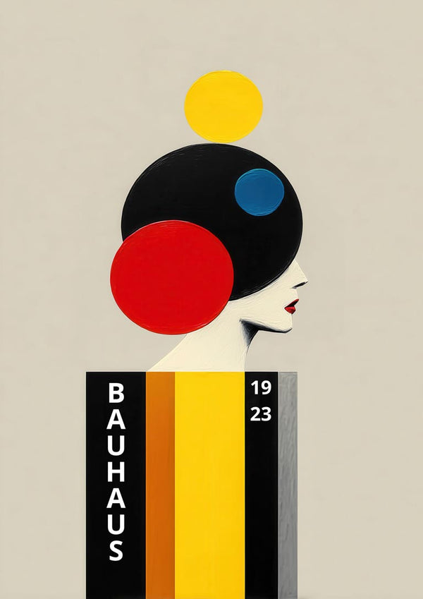 Stylized Bauhaus Woman 03 portrait by David Wolf, geometric shapes and bold colors, "BAUHAUS 1923" text.