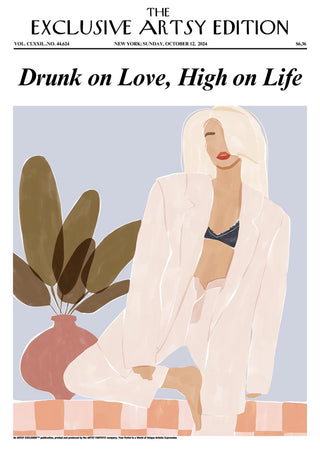 Minimalist artwork of a woman in an oversized shirt, Love Life - Artsy Edition product page, muted colors and plants.