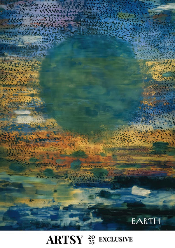 Abstract painting of a green planet over vibrant blue, yellow, and orange brushstrokes; titled “Earth” by Martin Zen.
