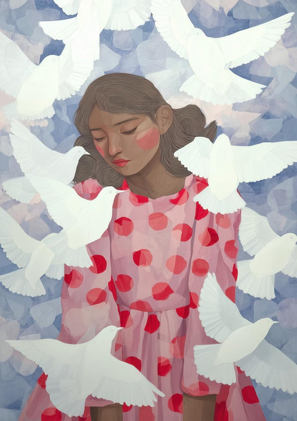 Illustration of a girl in a red polka dot dress surrounded by white birds, from Red Dress Birds by Martina Karlsson.