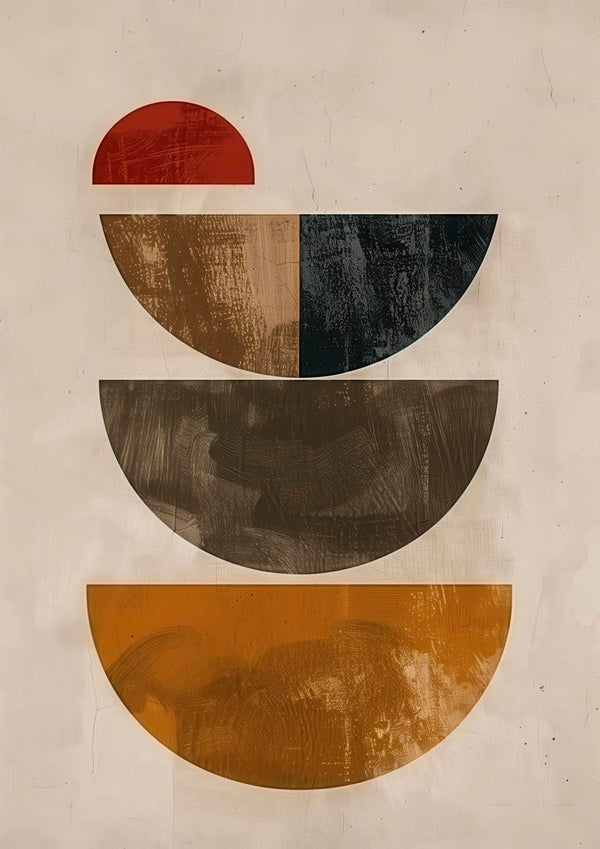 Abstract geometric art with three stacked half circles in earthy tones and a small red semicircle above, Autumn Dream 03.