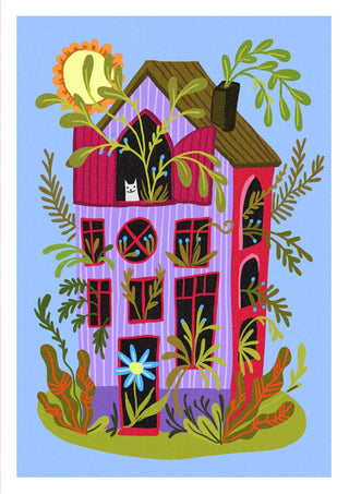 Colorful illustration of a whimsical house with green plants, bright sun, and a white cat in an upstairs window.