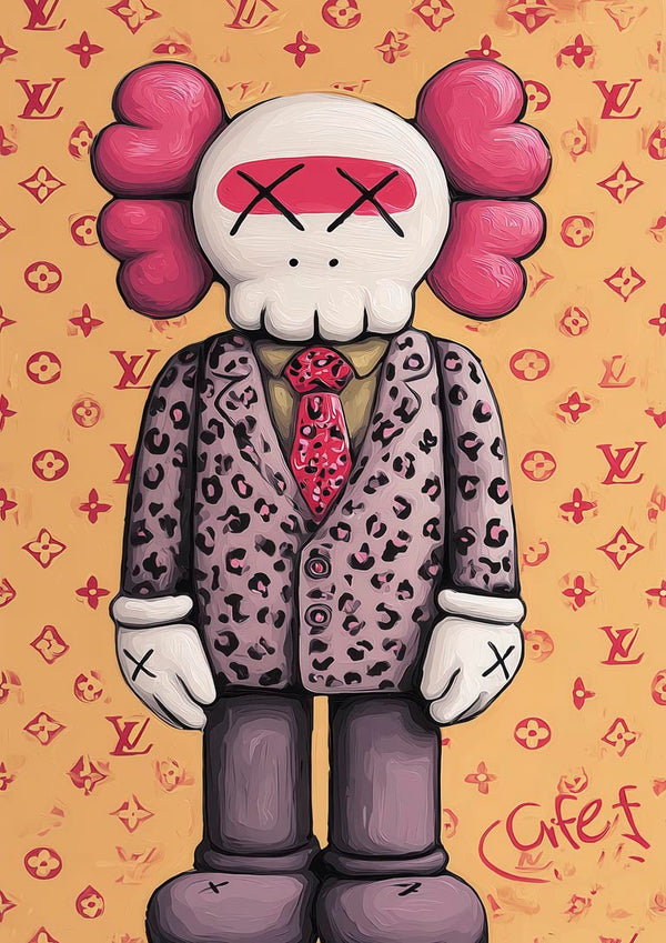 Cartoon figure in a leopard suit with pink tie, set against a designer monogram background.
