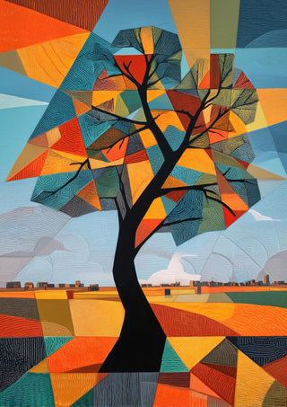 Abstract artwork of a tree with colorful geometric shapes, featured on Under The Tree - Tara Green product page.