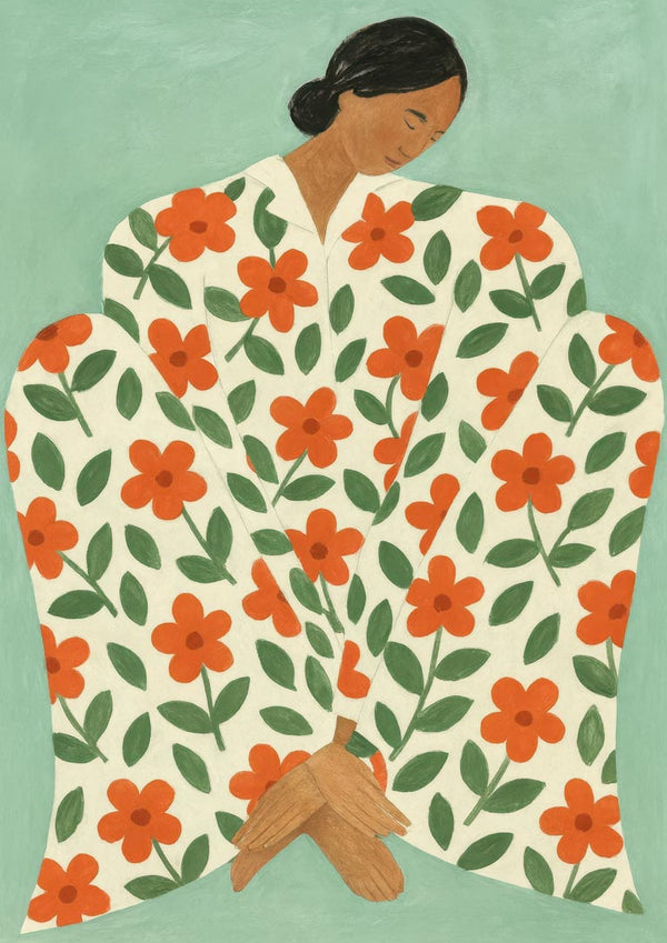 Illustration of a woman in a floral robe with red flowers and green leaves, sitting peacefully.