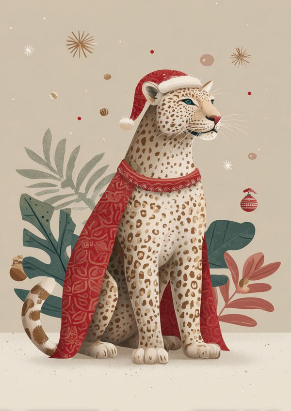 Leopard wearing a red Santa hat and festive cape, surrounded by holiday decorations and leaves.