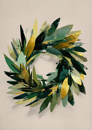 Modern Christmas wreath made of layered green and gold leaves, displayed against a neutral background.