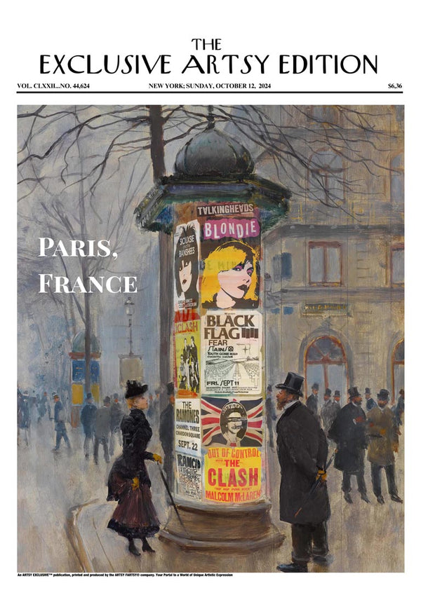 Paris street scene with vintage posters, featured on the Paris News Artsy Edition product page.