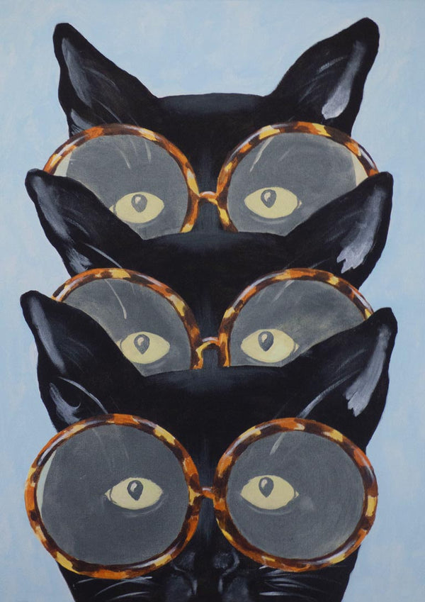 Whimsical illustration of three black cats stacked, each wearing large round tortoiseshell glasses.
