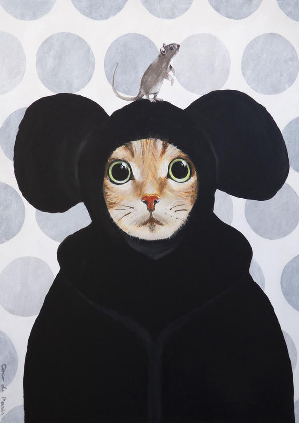 Illustration of a cat in a black mouse costume with a small gray mouse sitting on its head, by Coco de Paris.