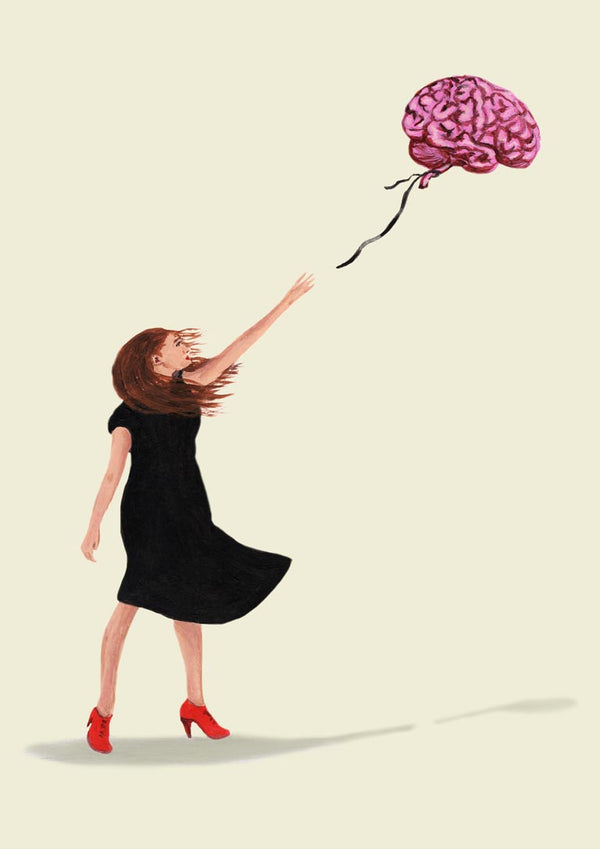 Woman in black dress and red heels reaching for a pink brain-shaped balloon, Banksy inspired art print.