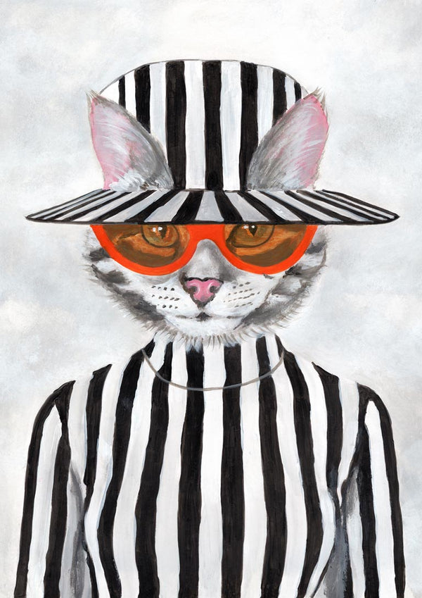 Cat wearing orange sunglasses, a striped hat, and matching striped outfit on a light background.