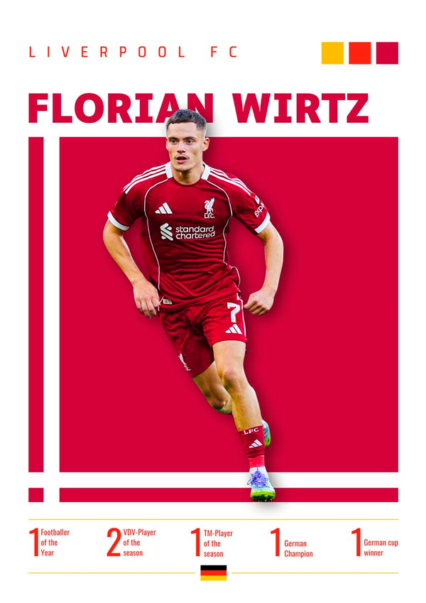 Poster of Florian Wirtz in a Liverpool kit, featuring stats and achievements on a red background.