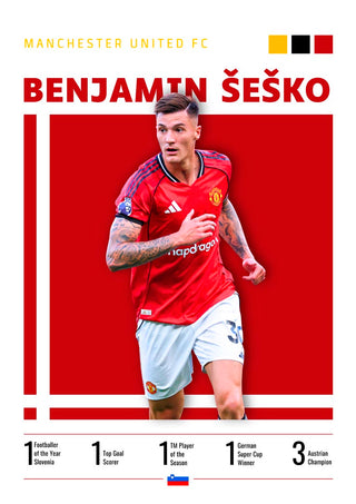 Benjamin Šeško in Manchester United kit with career highlights and national flags on a football poster.