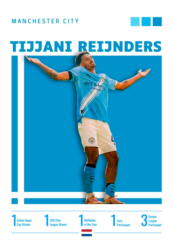 Poster of Tijjani Reijnders celebrating in a Manchester City kit, with career stats and team colors displayed.