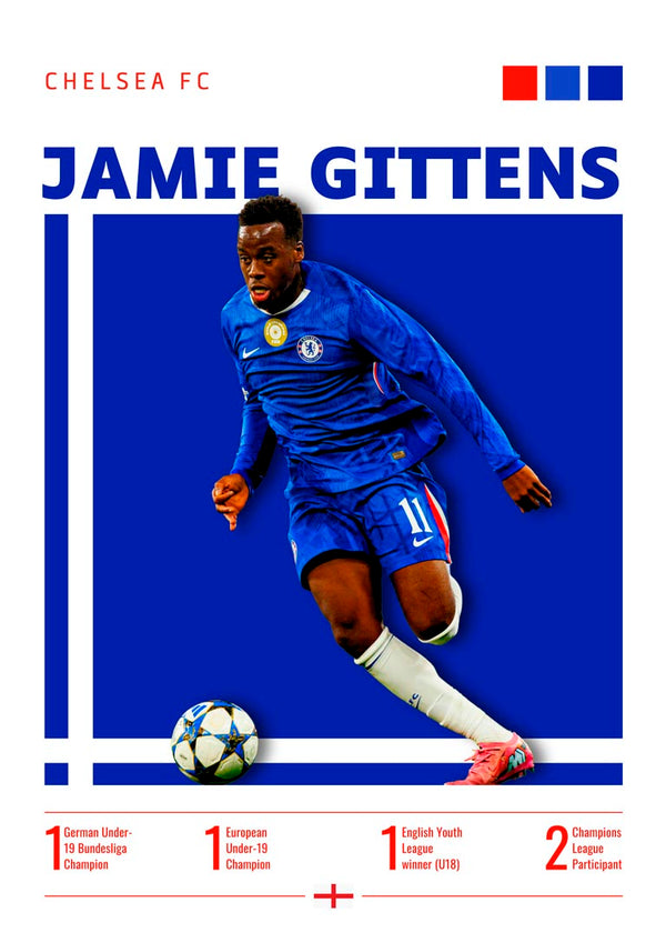 Poster of Jamie Gittens in Chelsea kit, with team colors and accomplishments shown at the bottom.