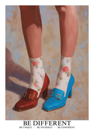 A person wearing floral socks with mismatched red and blue heels from Be Different Louboutin by Martina Karlsson.