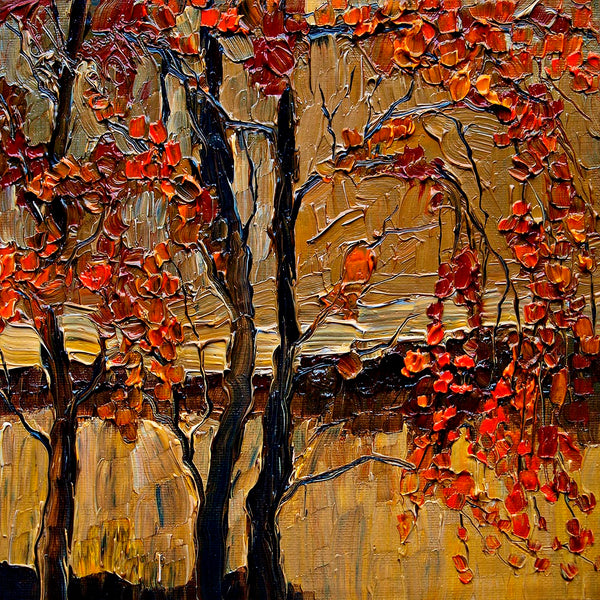 Impressionist autumn trees with red leaves by a river, from River 02 by Justyna Kopania.