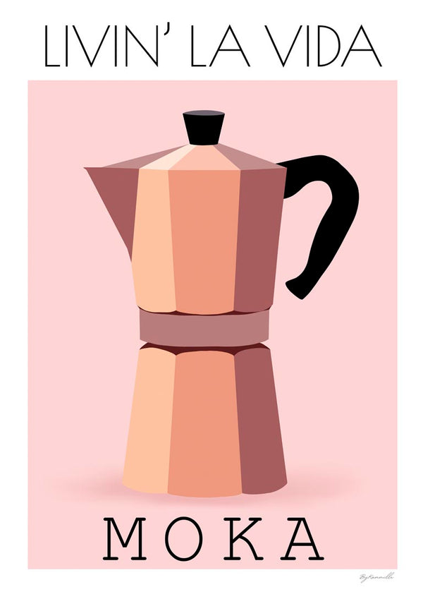 Stylized moka pot illustration with "Livin’ La Vida Moka" text on a pink background for ByKammille product page.