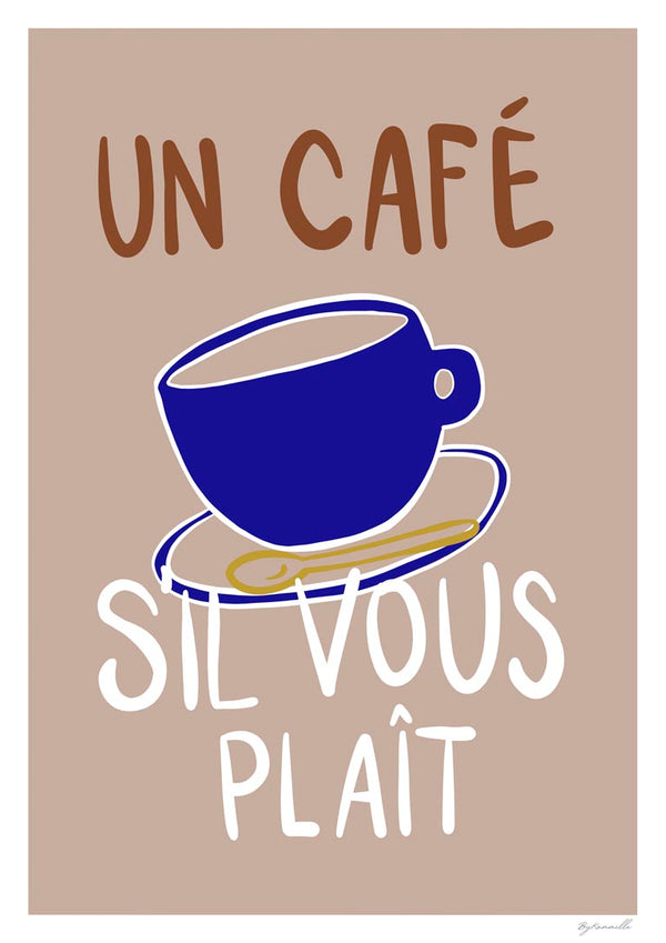 A blue coffee cup illustration with the text "UN CAFÉ S'IL VOUS PLAÎT" on a beige background.