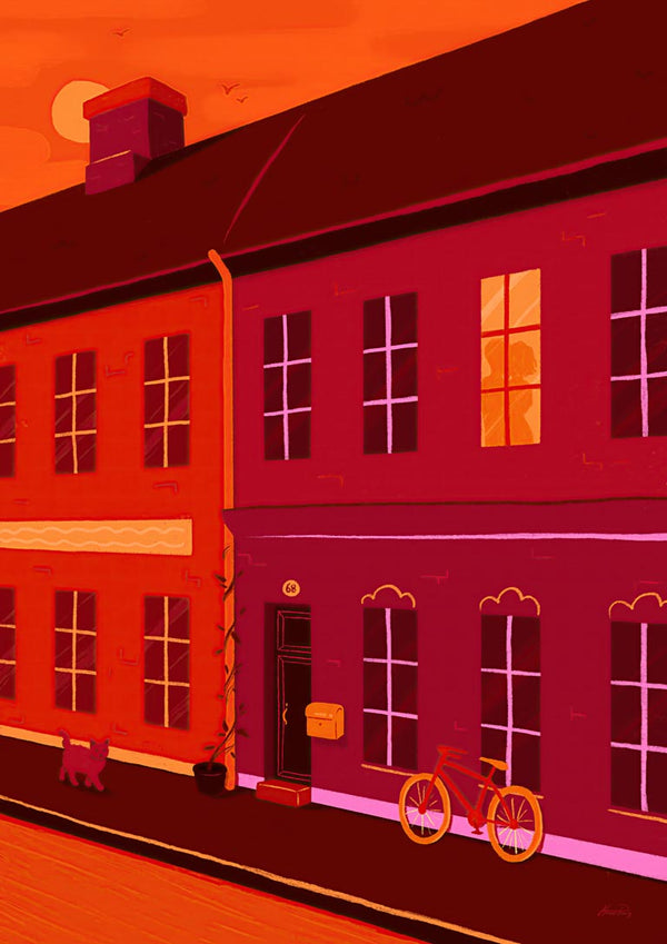 Digital artwork of a red-toned street with buildings, windows aglow, and a bicycle outside; from The Embrace of Light.