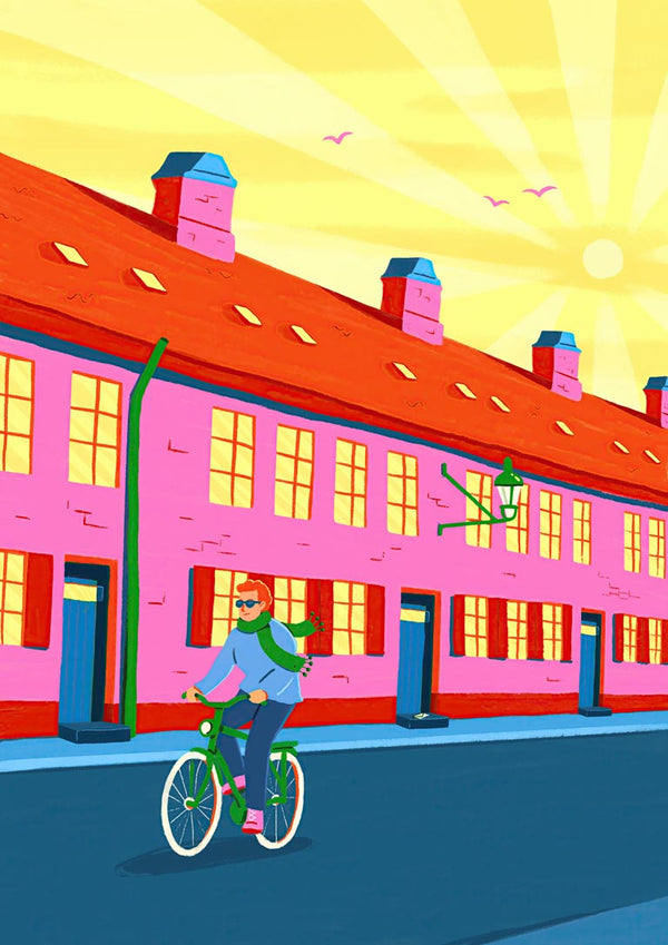 Colorful illustration of a person cycling past bright pink Nyboder houses under a sunny morning sky.