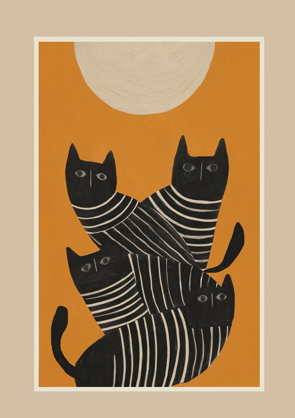 Abstract illustration of four black cats with striped bodies on an orange background under a pale sun.
