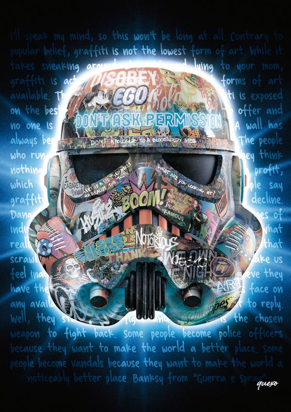 Stormtrooper helmet covered in colorful graffiti art, central text reads “DON’T ASK PERMISSION.”