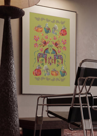 Dala Horse Pistachio by Enikő Marosváry-Kramcsák in a mounted frame in a modern interior