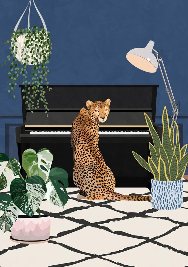 Illustration of a cheetah sitting at a piano with houseplants, featured on the "Cheetah playing piano" product page.