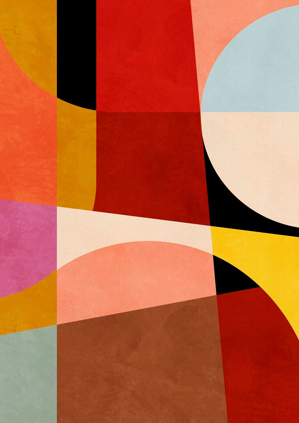 Abstract geometric artwork with curved and straight shapes in warm, muted colors for Calm Minimalism product.