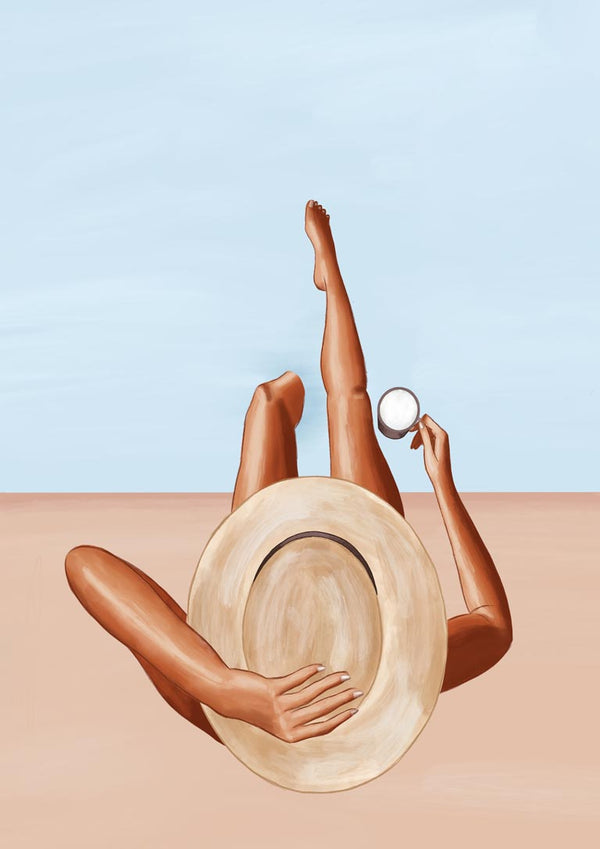 Artistic illustration of a woman lying on sand, holding a hat and a mirror, with clear sky in the background.