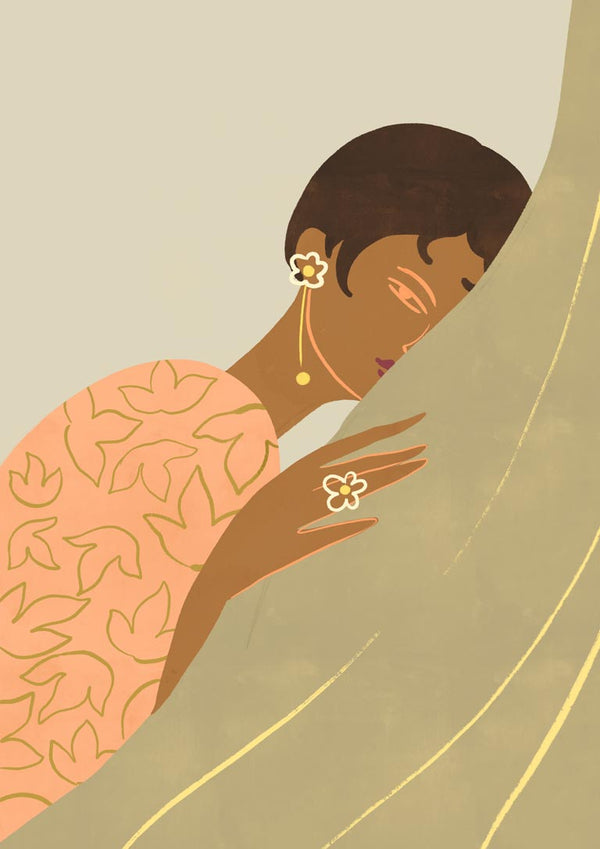 Illustration of a woman with short hair leaning against a surface, wearing floral earrings and ring.
