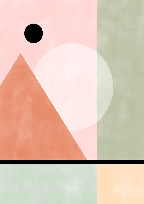 Abstract pastel artwork with geometric shapes including a triangle, circle, and rectangles in soft tones.